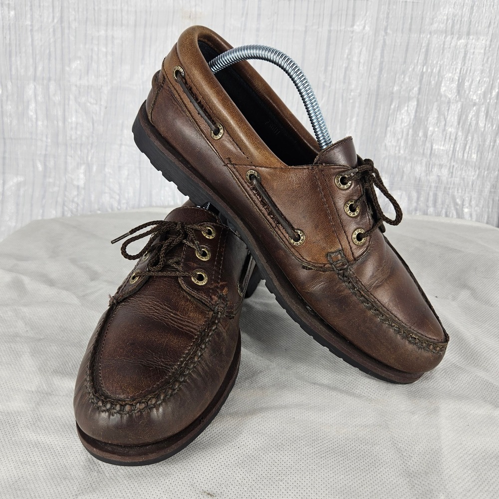 Wolverine Men's 9.5 Brown Leather Boat Shoes Lug Sole Moc Toe Loafers
